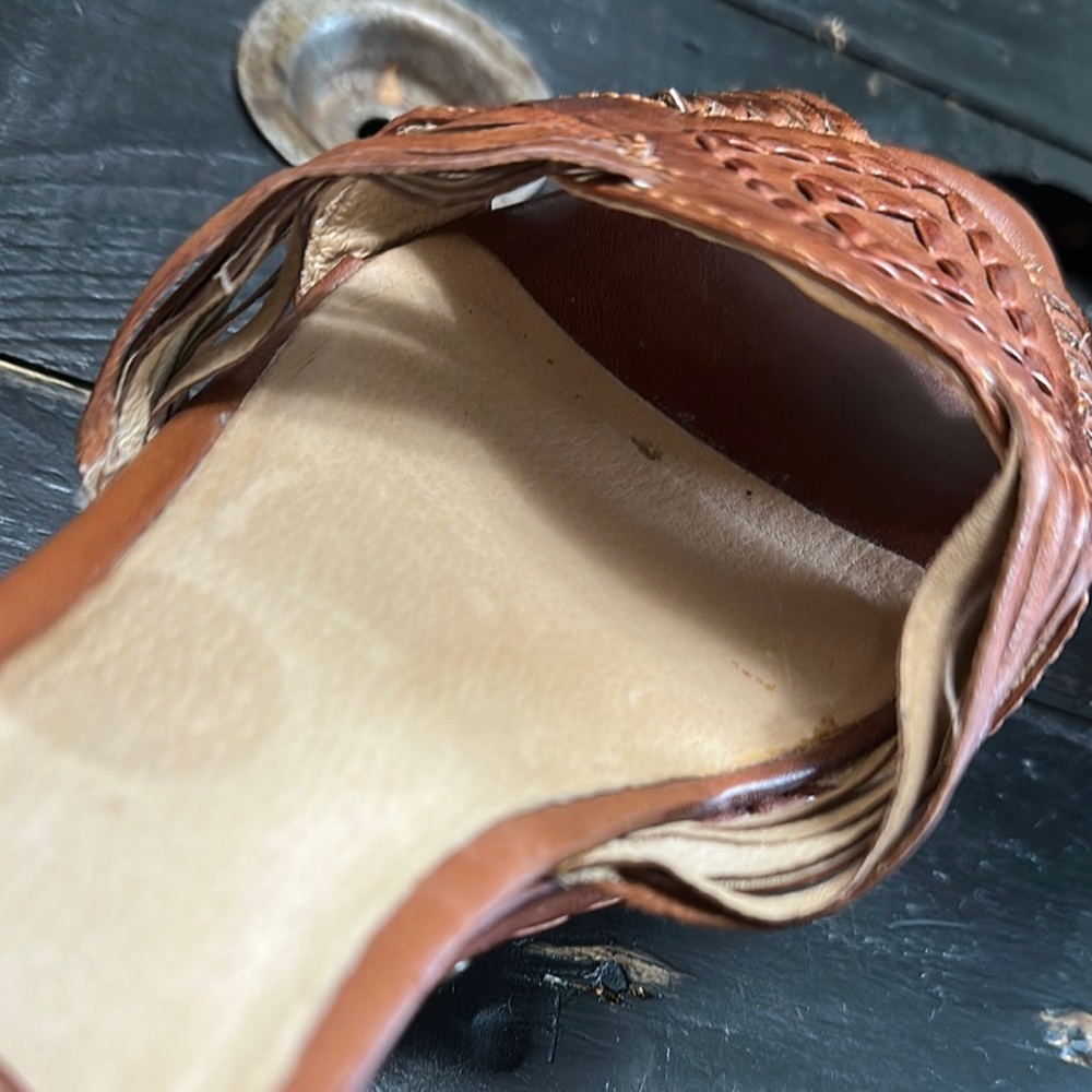 FRYE Carlie Huarache Ankle Brown Leather Wedge Sandals - Picture 12 of 14